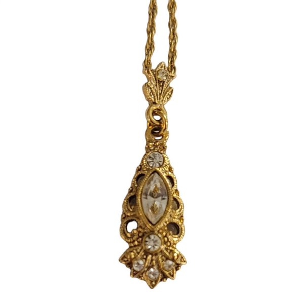 1928 Brand Gold Tone Rhinestone Victorian Style Pendant Chain Necklace 18”L K935 - Picture 3 of 7